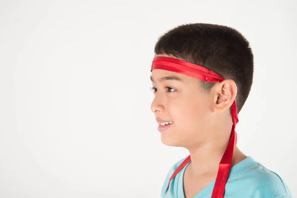 Boy Tie Bow His Head Intend Cheering Sport — Stock Photo, Image