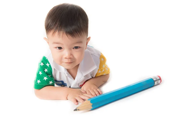 Baby Peuter Jongen Met Grote Potlood Hand Witte Achtergrond — Stockfoto