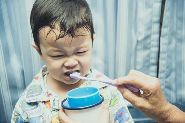 Grand Mother Hand Brush Teeth Baby Boy Toddler Morning Time — Stock Photo, Image