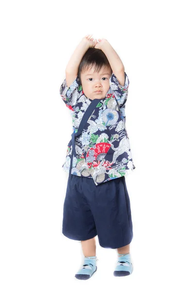 Close Portriat Asian Baby Boy Toddler Wear Japanese Costume Tradition — Stock Photo, Image