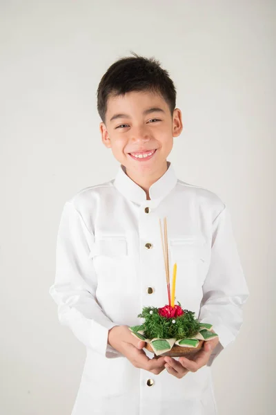 Niño Tomando Kratong Loy Kratong Festival Flotante — Foto de Stock