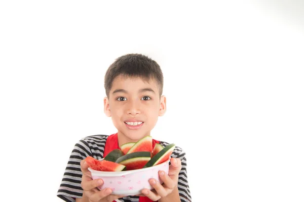 Les Petits Garçons Mangent Pastèque Sur Blanc — Photo