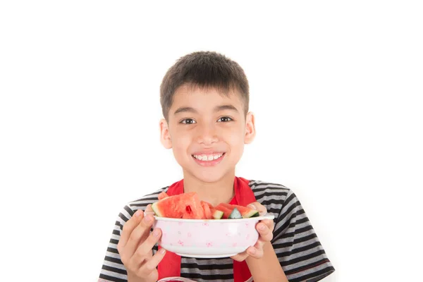 Kleine Jungen Essen Wassermelone Auf Weiß — Stockfoto