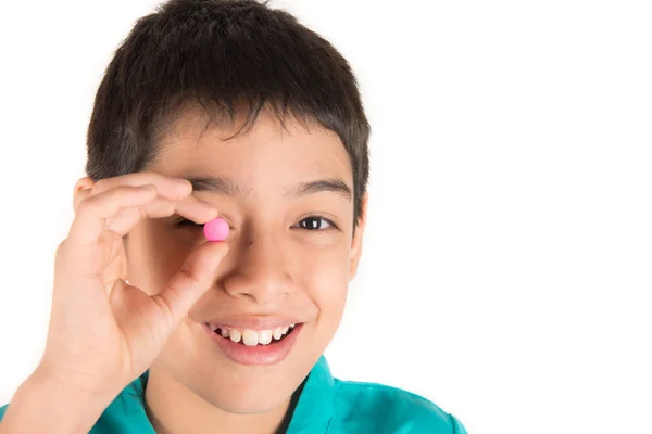 Giving Kids Medicine Boy Try Swallow Pills Medicine Stock Image