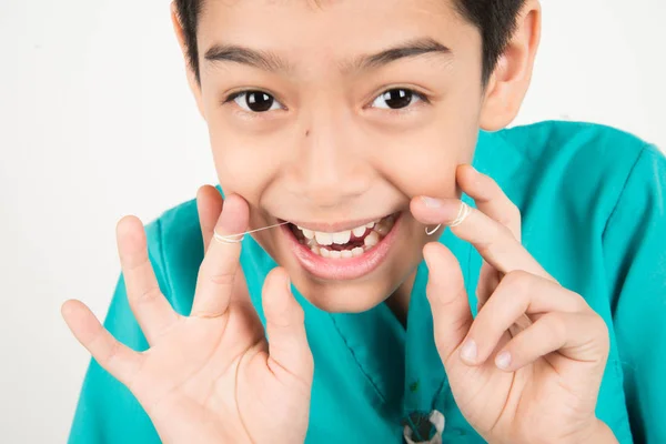 Little Boy Using Dental Floss Clean Tooth — Stock Photo, Image