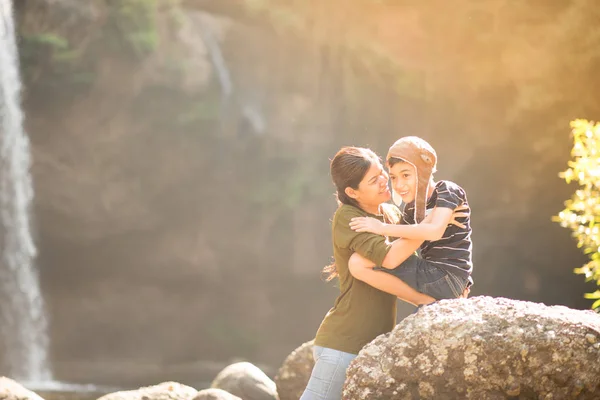 Mother Son Hug Each Other Happy Together Forest — Stock Photo, Image