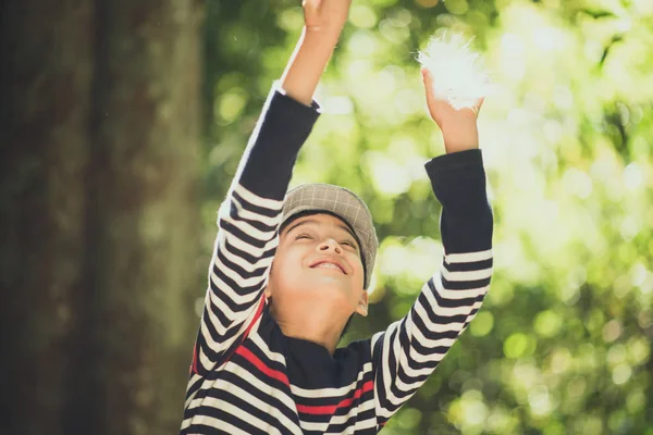 Little Boy Blow Flower Floating Air Garden — Stock Photo, Image