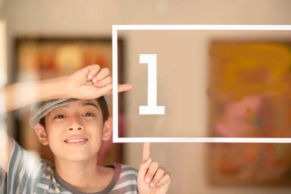 Little Boy Point Number Mirror — Stock Photo, Image