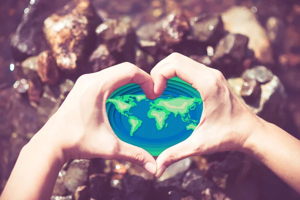 Love Earth Our Planet Paper Cut Woman Hand Heart Shape — Stock Photo, Image