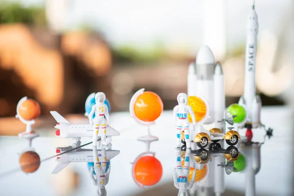 Little Boy Playing Space Ship Planet Galaxy Toy — Stock Photo, Image