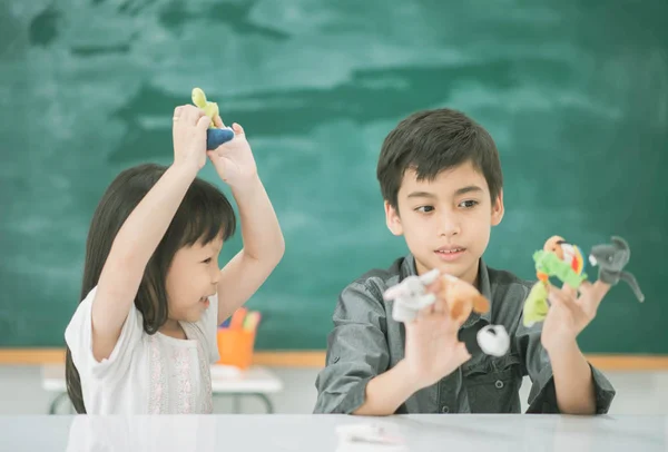 Student Boy Girl Playing Finger Doll Story Telling Classroom — Stock Photo, Image