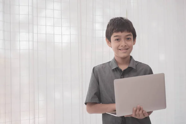 Asian Students Boy Using Laptop Learning Classroom School — Stock Photo, Image