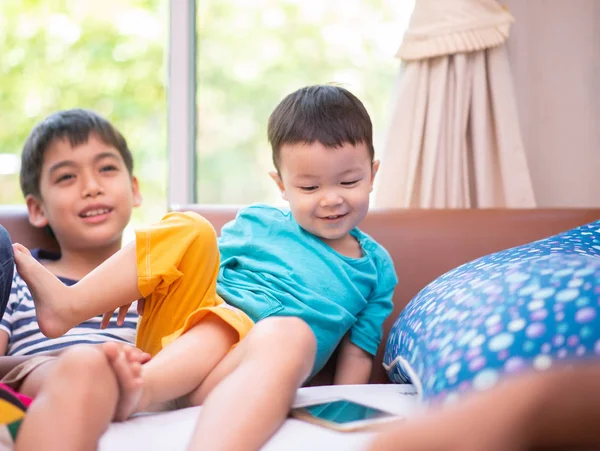 Little Asian Boy Riding Bicycle Toy Inthe House Happy Face — Stock Photo, Image