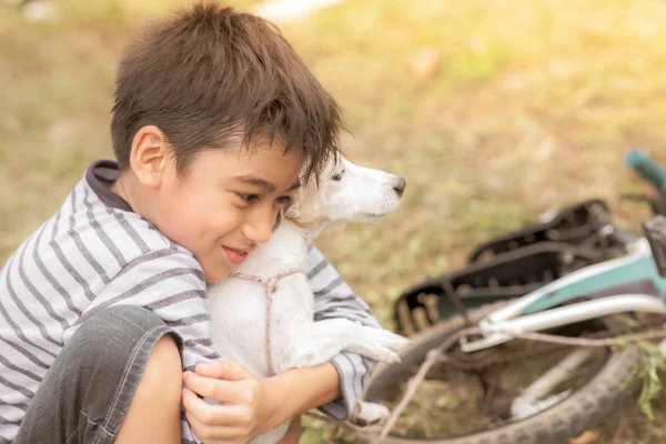 Little Boy Hug His Dog Jack Russell Park — Stock Photo, Image