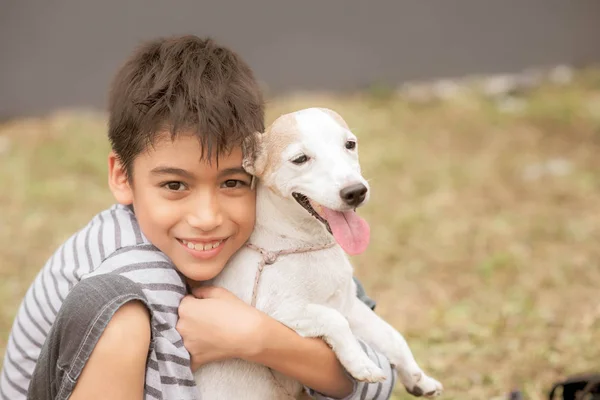 Little Boy Hug His Dog Jack Russell Park — Stock Photo, Image