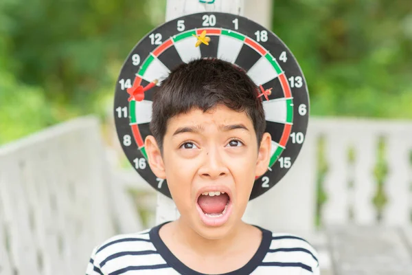 Little Boy Playing Darts Board Family Outdoor Activity — Stock Photo, Image