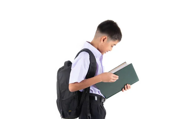 Kleiner Asain Junge Student Uniform Auf Weißem Hintergrund — Stockfoto