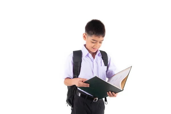 Petit Asain Garçon Uniforme Étudiant Sur Fond Blanc — Photo