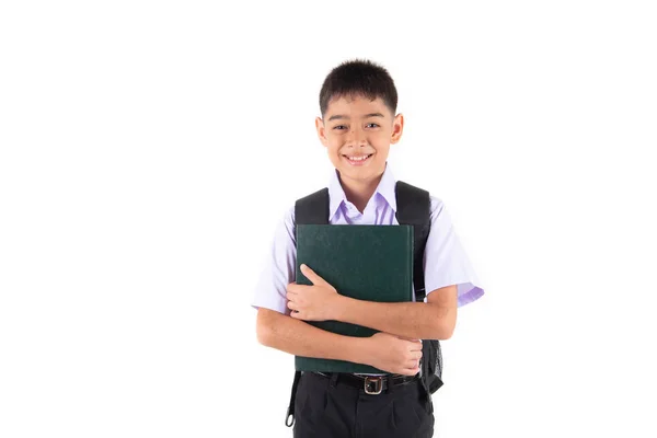 Beyaz Arka Plan Üzerinde Öğrenci Üniformalı Küçük Asain Çocuk — Stok fotoğraf