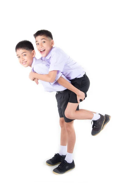 Little Asian Sibling Boys Student Uniform Pose Together White Background — Stock Photo, Image