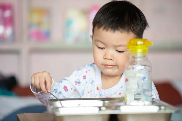 Little Toddler Boy Having Breakfast School Home — Stock Photo, Image