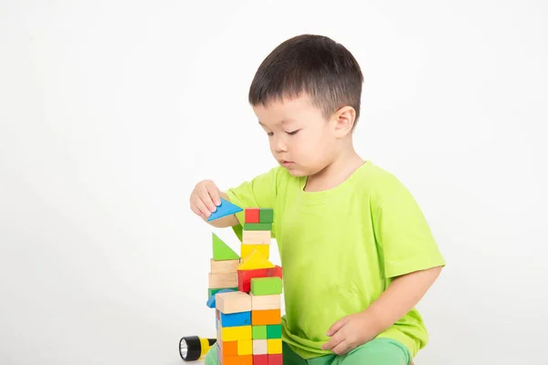 Little Asian Toddler Boy Playing Wood Blocks Wear Helmet Engineer — Stock Photo, Image