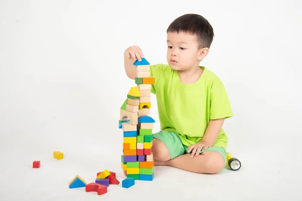 Little Asian Toddler Boy Playing Wood Blocks Wear Helmet Engineer — Stock Photo, Image