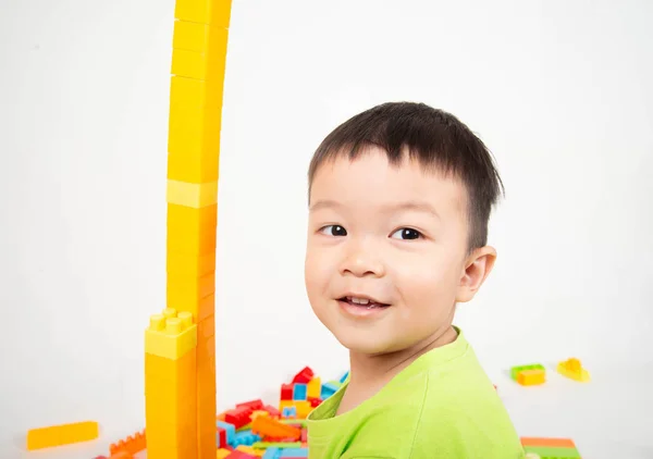 Little Boy Toddler Playing Plastic Brick Block Colorful Happy — Stock Photo, Image