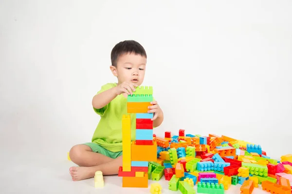 Little Boy Toddler Playing Plastic Brick Block Colorful Happy — Stock Photo, Image