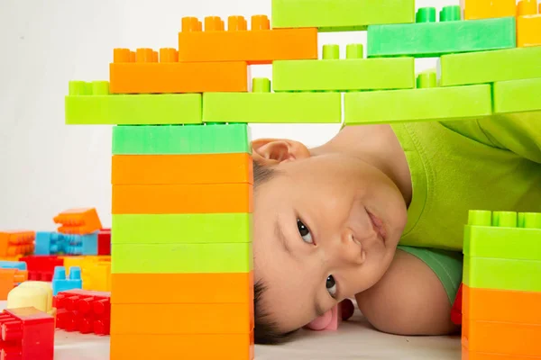 小男孩蹒跚学步玩塑料砖块五颜六色与快乐 图库图片