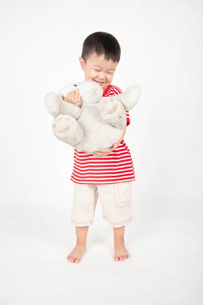 Little Asian Toddler Boy Love Care His Old Dog Doll — Stock Photo, Image