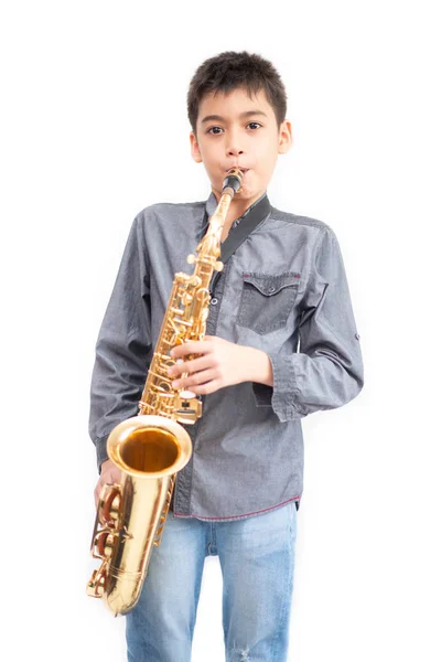 Little Asian Musician Boy Playing Saxophone Instrument — Stock Photo, Image