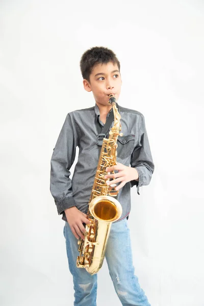 Little Asian Musician Boy Playing Saxophone Instrument — Stock Photo, Image