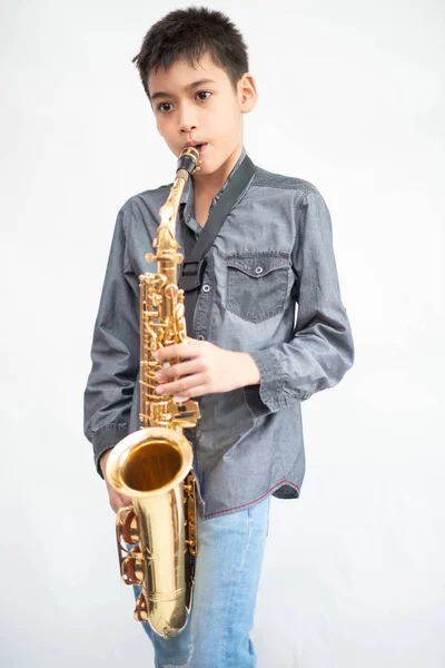 Little Asian Musician Boy Playing Saxophone Instrument — Stock Photo, Image