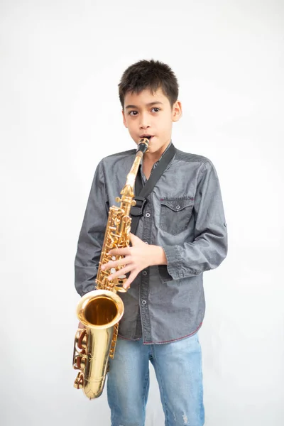 Little Asian Musician Boy Playing Saxophone Instrument — Stock Photo, Image