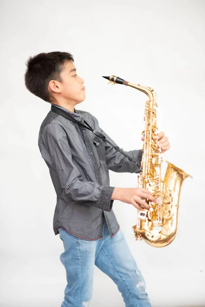 Little Asian Musician Boy Playing Saxophone Instrument — Stock Photo, Image