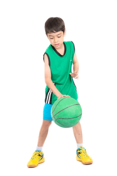 Little Boy Playing Green Basketball Green Uniform Sport White Background — Stockfoto