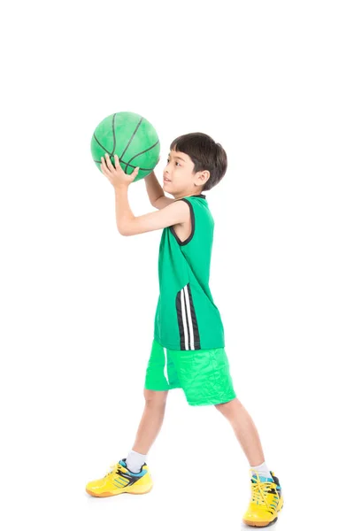 Little Boy Playing Green Basketball Green Uniform Sport White Background Stock Picture