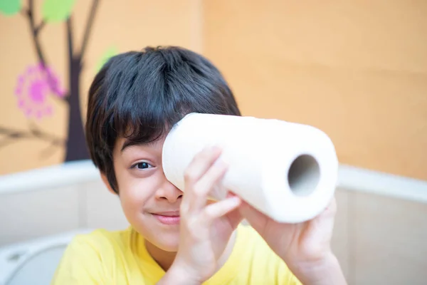 Little Boy Teen Use Tissue Paper Clean Toilet — Stock Fotó