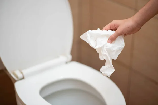 Little Boy Teen Use Tissue Paper Clean Toilet — Zdjęcie stockowe