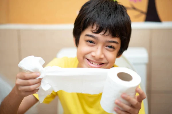 Little Boy Teen Use Tissue Paper Clean Toilet — Zdjęcie stockowe