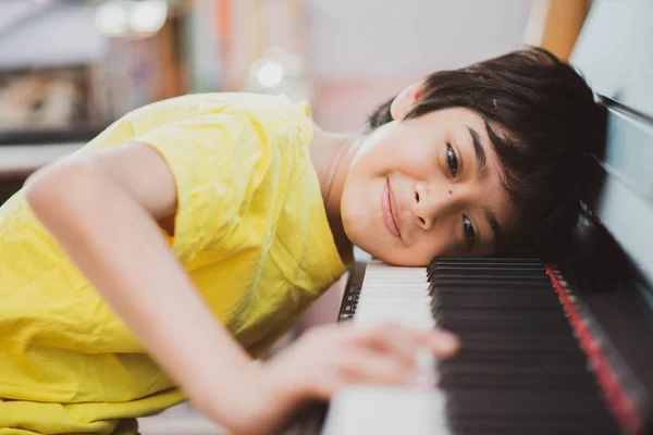 Little Boy Learning Practicing Piano Online Digital Tablet — Stock Photo, Image