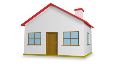 Basit bir evin üç boyutlu çizimi. İzole edilmiş beyaz arka plan, perspektif görünümlü şömineli beyaz 3D ev.