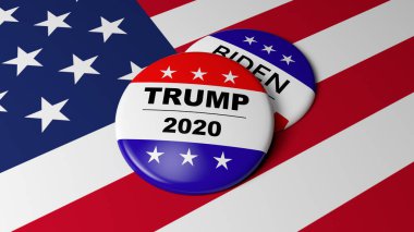 Donald Trump Rozet (Pin) Joe Biden 'ın üzerinde. Her iki lobut da ABD bayrağında, 3 Kasım 2020 seçimlerinin sembolleri..