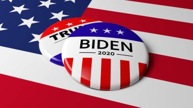 Joe Biden 'ın Rozeti (Pin), Donald Trump' ın Rozeti 'nin üstünde. Her iki lobut da ABD bayrağında, 3 Kasım 2020 seçimlerinin sembolleri..