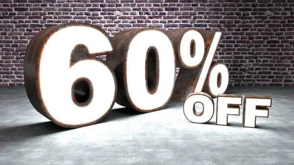 Text 60 percent off three-dimensional similar to rusty and illuminated sheet metal. The bottom is brick and concrete. Illustration, three-dimensional