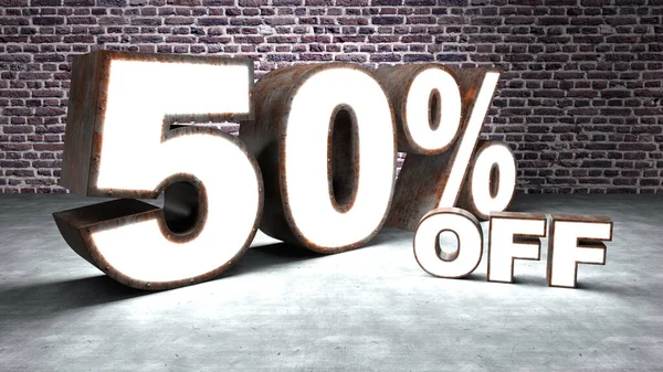 Text 50 percent off three-dimensional similar to rusty and illuminated sheet metal. The bottom is brick and concrete. Illustration, three-dimensional