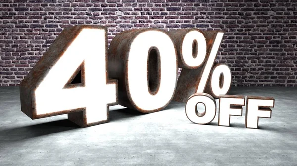 Text 40 percent off three-dimensional similar to rusty and illuminated sheet metal. The bottom is brick and concrete. Illustration, three-dimensional