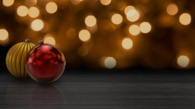 Kırmızı ve altın renkli Noel topları, arka planda ışıklar olan bir masada. Noel ve Yeni Yıl tebrik kartları için ideal..