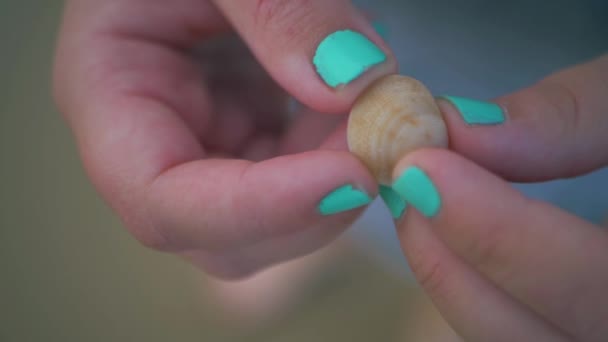 Chica Tiene Una Concha Sus Manos Clavos Azules Cámara Lenta — Vídeo de stock